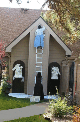 We needed a tall ladder to repaint the top of Our Lady's Shrine
